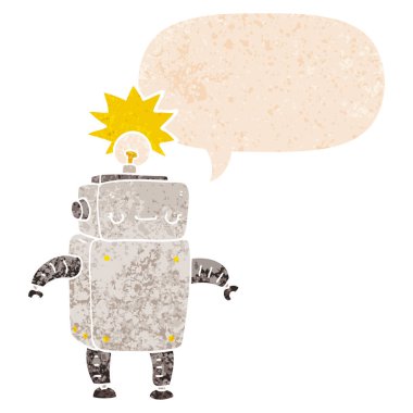 retro dokulu tarzda karikatür robot ve konuşma balonu