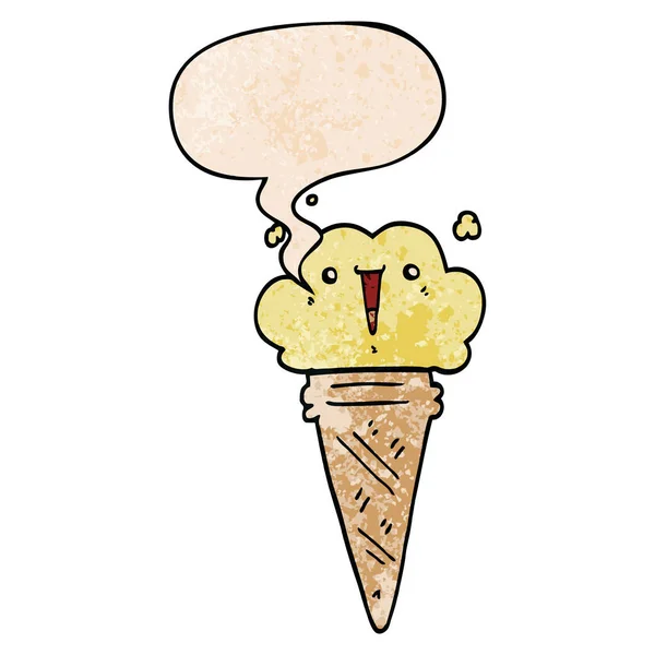 Desenho animado sorvete e rosto e fala bolha em retro textura st — Vetor de Stock