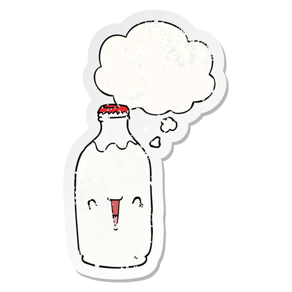 Linda botella de leche de dibujos animados y la burbuja de pensamiento como un desgastado angustiado — Vector de stock