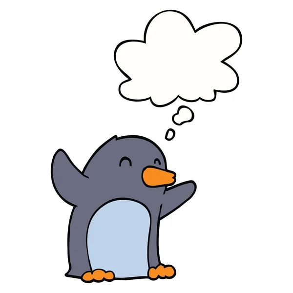 Dibujos animados emocionados pingüino y burbuja de pensamiento — Vector de stock