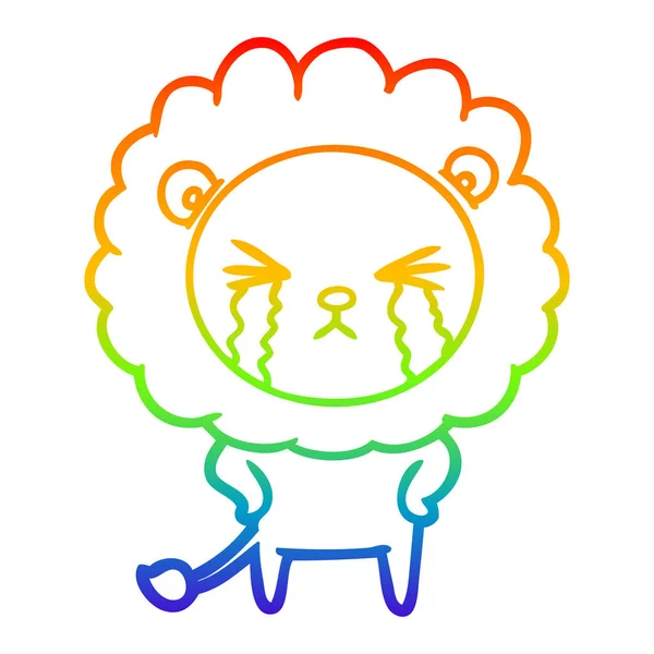 Радужная градиентная линия рисунок мультяшного плачущего льва — стоковый вектор