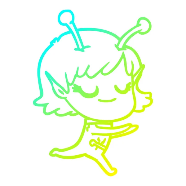 Linea gradiente freddo disegno sorridente ragazza aliena cartone animato in esecuzione — Vettoriale Stock