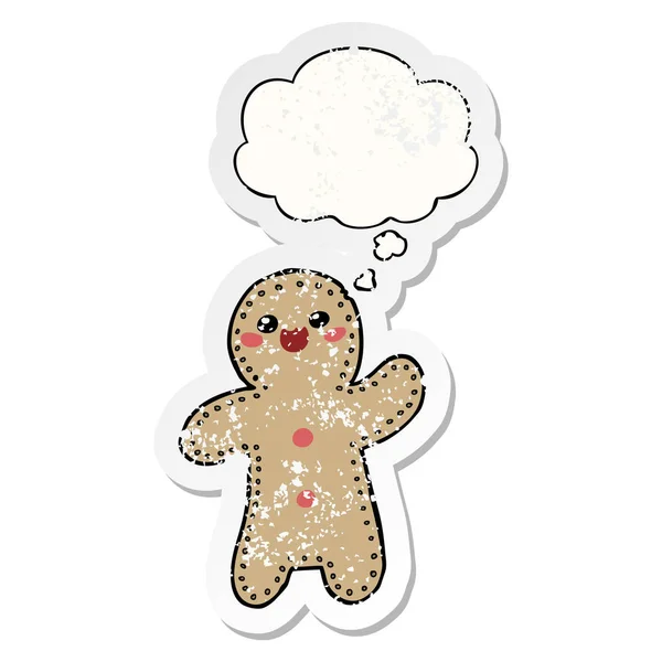 Cartoon gingerbread man and thought bubble as a distressed worn — Stock Vector