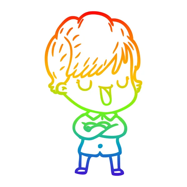 Rainbow gradient line drawing cartoon woman talking — Stock Vector