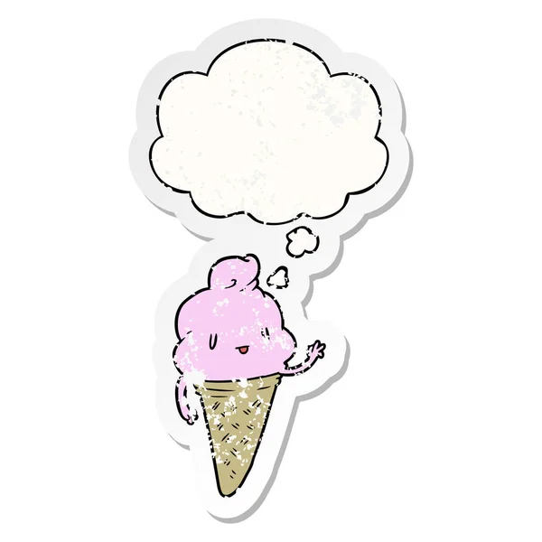 Lindo helado de dibujos animados y la burbuja de pensamiento como un s desgastado angustiado — Vector de stock