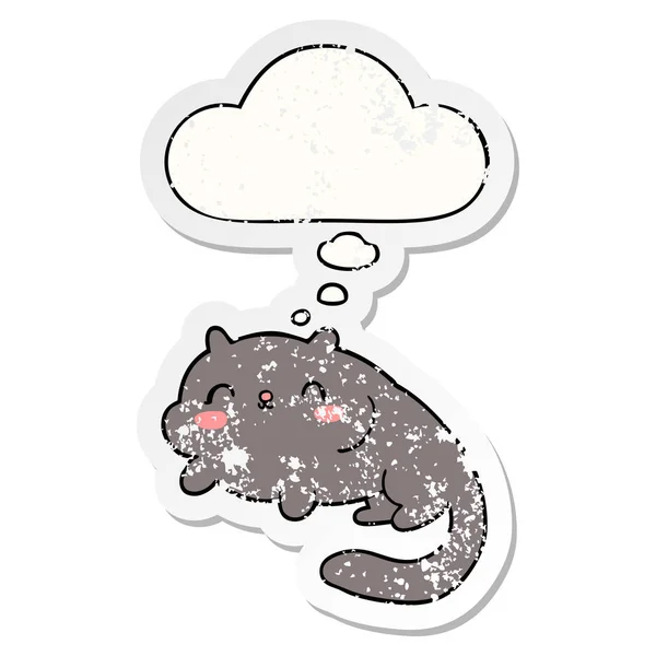 Мультяшный кот и мыслепузырь, как изношенный стикер — стоковый вектор