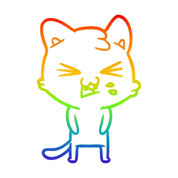 Arco iris gradiente línea dibujo dibujos animados gato siseo — Vector de stock