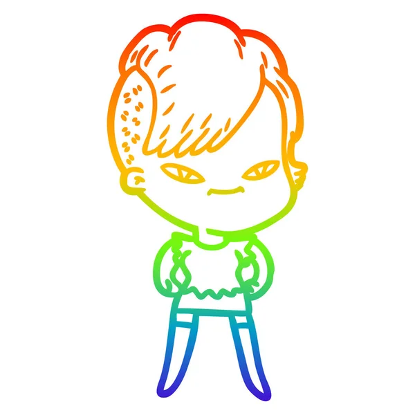 Regenbogen-Gradienten-Linie Zeichnung niedlichen Cartoon-Mädchen mit Hipster-hai — Stockvektor