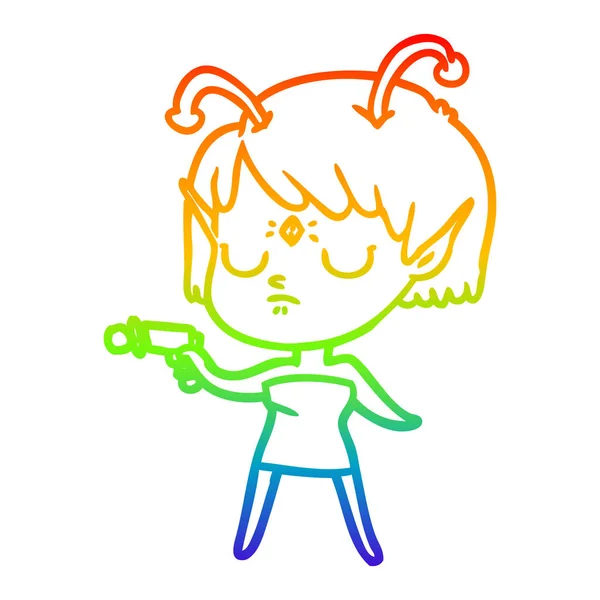 Regenboog gradiënt lijntekening cartoon Alien meisje — Stockvector