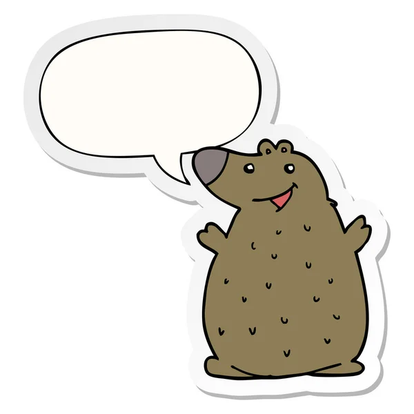 Urso feliz desenhos animados e adesivo de bolha de fala —  Vetores de Stock