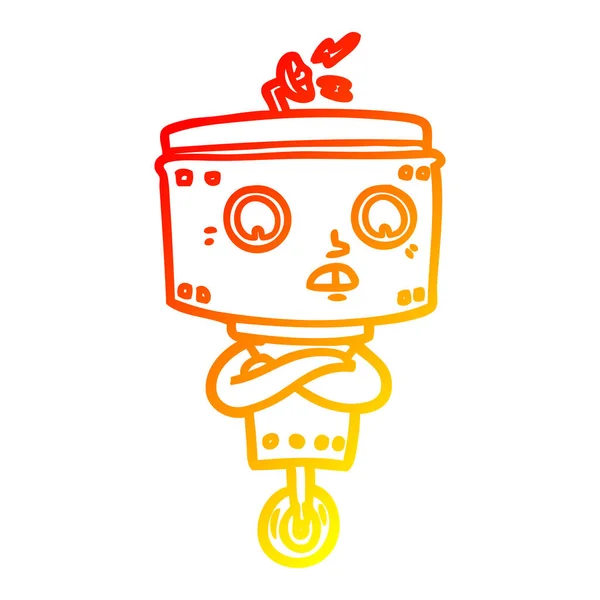 Línea de gradiente caliente dibujo robot de dibujos animados con brazos cruzados — Vector de stock