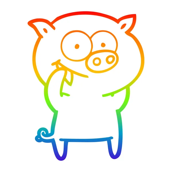 Rainbow gradient linje ritning Glad gris tecknad — Stock vektor