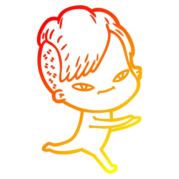 Línea de gradiente caliente dibujo linda chica de dibujos animados con hipster haircu — Vector de stock