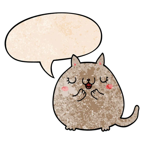 Desenho animado bonito gato e fala bolha no estilo de textura retro — Vetor de Stock