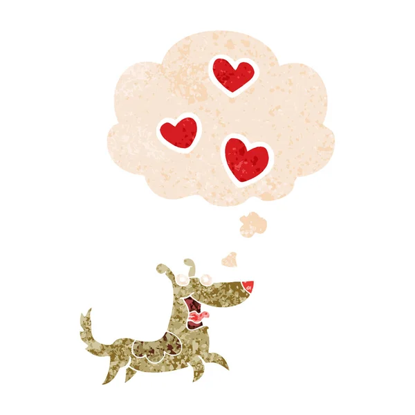 Perro de dibujos animados con corazones de amor y burbuja de pensamiento en textura retro — Archivo Imágenes Vectoriales