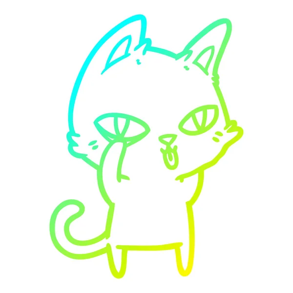 Línea de gradiente frío dibujo dibujos animados gato mirando — Vector de stock