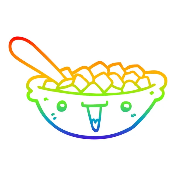 Linea gradiente arcobaleno disegno carino ciotola cartone animato di cereali — Vettoriale Stock