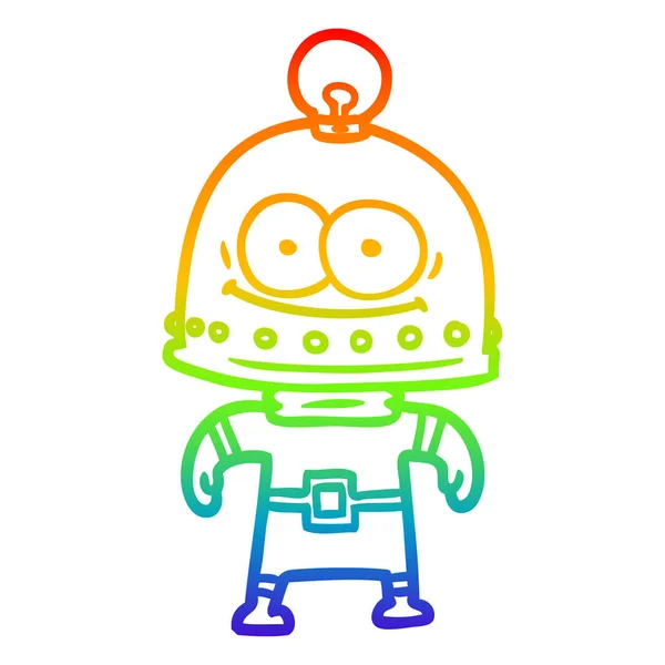 Rainbow gradient line drawing happy carton robot with light bulb — Stock Vector