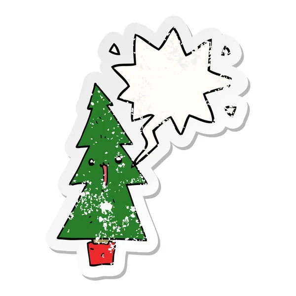 Cartoon christmas tree and speech bubble distressed sticker — Stock Vector