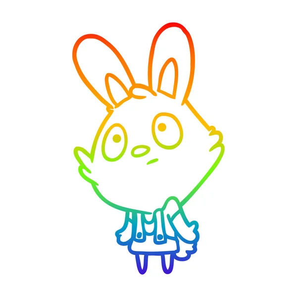 Rainbow gradient line drawing cute rabbit shrugging shoulders — Stock Vector