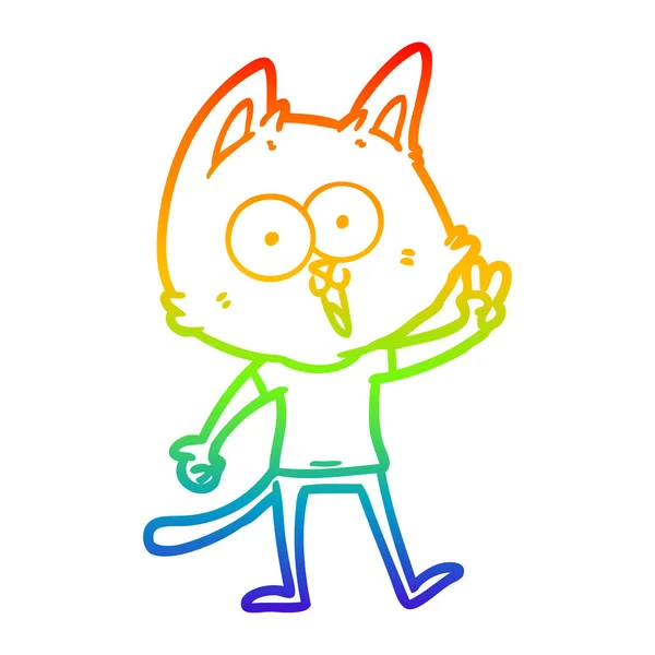 Regenboog gradiënt lijntekening grappige cartoon kat geven vrede sig — Stockvector