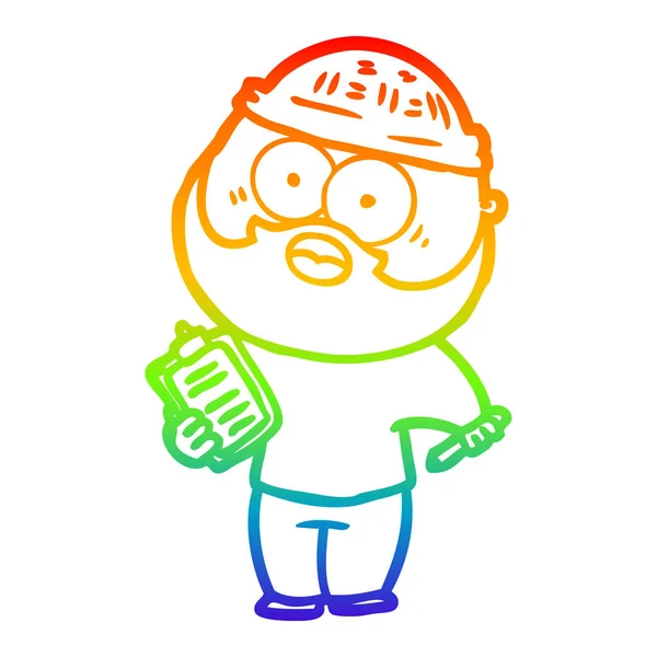 Rainbow gradient line drawing cartoon bearded man with clipboard — Stock Vector