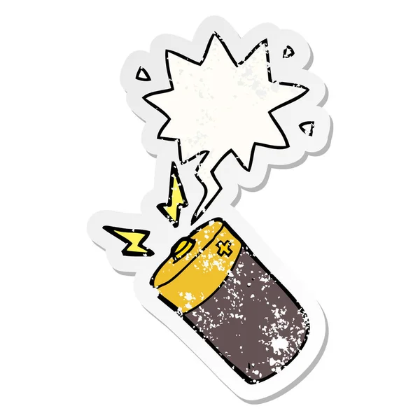 Cartoon batterij en toespraak bubble noodlijdende sticker — Stockvector