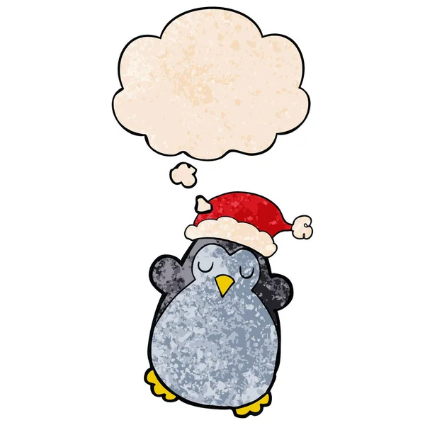 Lindo pingüino de Navidad y burbuja de pensamiento en textura grunge patt — Vector de stock