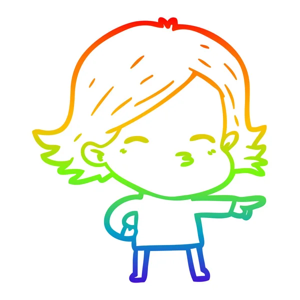 Regenboog gradiënt lijntekening cartoon vrouw wijst — Stockvector