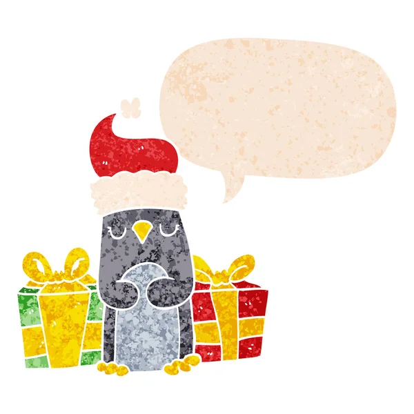 Mignonne pingouin de Noël et bulle de parole dans un style texturé rétro — Image vectorielle