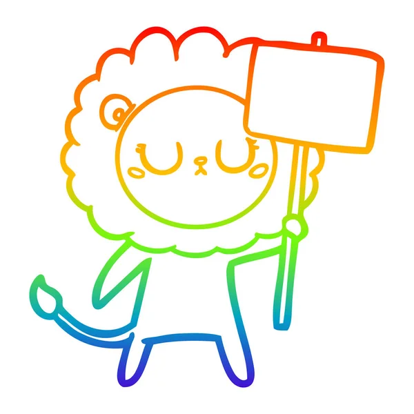 Linha gradiente arco-íris desenho leão dos desenhos animados com sinal de protesto — Vetor de Stock