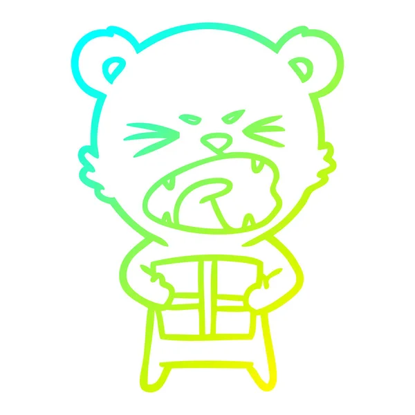 Kalte Gradientenlinie zeichnet wütenden Cartoon-Bären mit Geschenk — Stockvektor