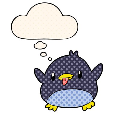 sevimli karikatür penguen ve çizgi roman tarzında kabarcık düşünce