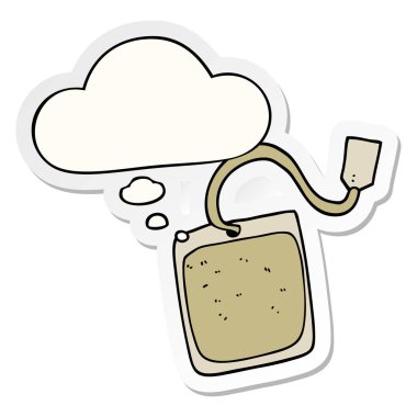 karikatür çay poşeti ve baskılı bir etiket olarak kabarcık düşünce