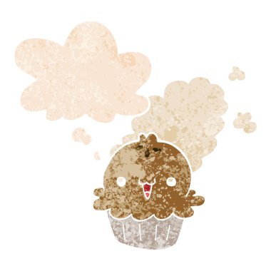 retro dokulu tarzında sevimli karikatür pasta ve düşünce balonu