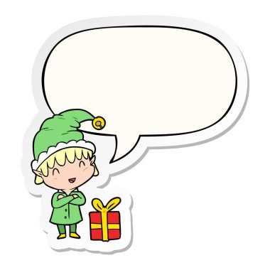 karikatür mutlu noel elf ve konuşma kabarcık etiket