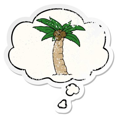 karikatür palmiye ağacı ve sıkıntılı yıpranmış sticke olarak kabarcık düşünce