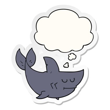 karikatür köpekbalığı ve baskılı bir etiket olarak kabarcık düşünce