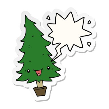 sevimli karikatür noel ağacı ve konuşma kabarcık etiket