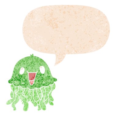 retro dokulu tarzda karikatür denizanası ve konuşma balonu