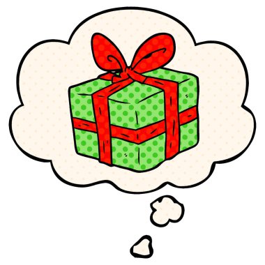 çizgi film çizgi roman tarzında hediye ve düşünce balonu sarılmış