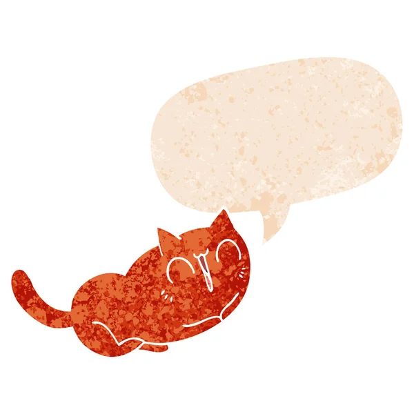 Retro dokulu tarzında mutlu karikatür kedi ve konuşma balonu — Stok Vektör