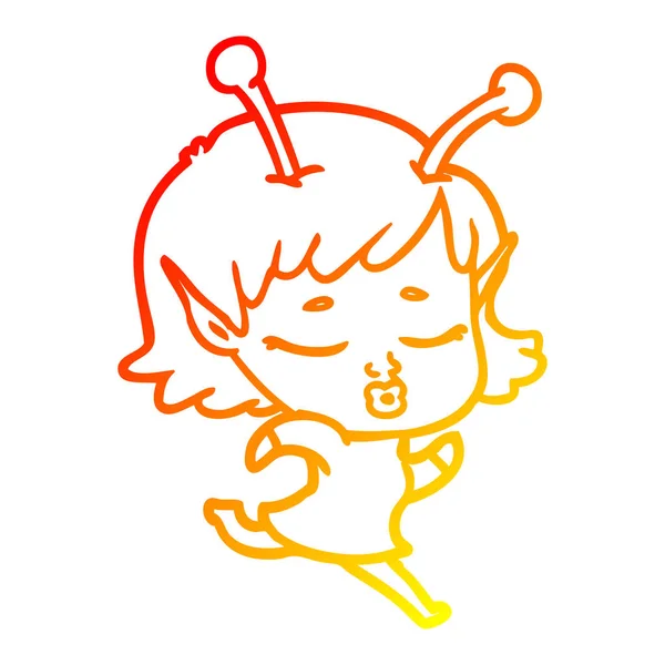Linea gradiente caldo disegno cartone animato ragazza aliena — Vettoriale Stock