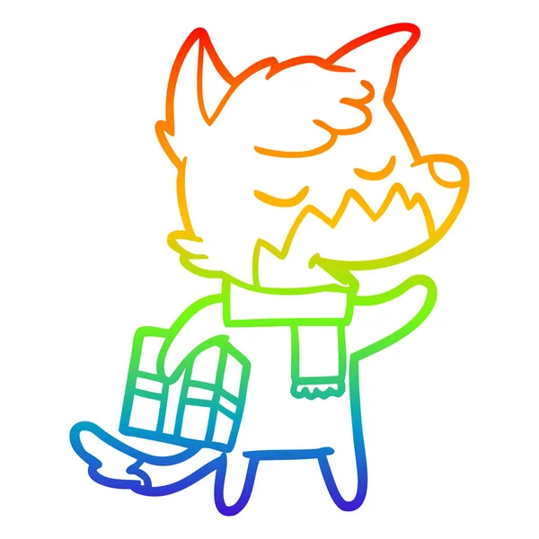 キリストと友好的な漫画のキツネを描く虹のグラデーションライン — ストックベクタ
