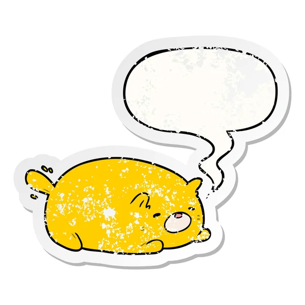 Cute cartoon cat and speech bubble distressed sticker — Stock Vector