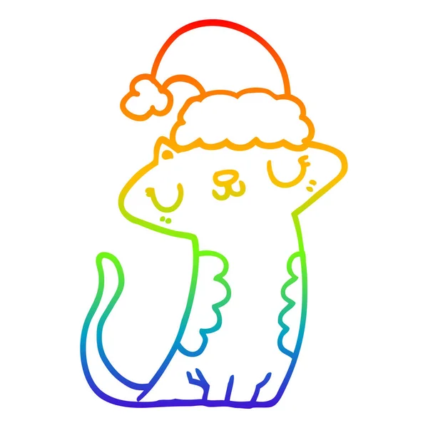 Ουράνιο τόξο γραμμή ντεγκραντέ σχεδιάζοντας χαριτωμένο καρτούν γάτα φορώντας Χριστούγεννα — Διανυσματικό Αρχείο