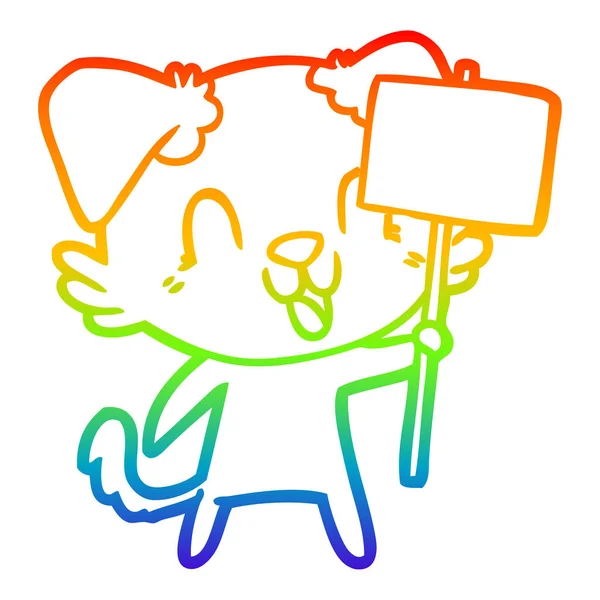 Arco iris gradiente línea dibujo risueño dibujos animados perro con signo — Vector de stock