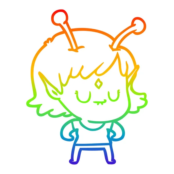 Arcobaleno gradiente linea disegno cartone animato ragazza aliena — Vettoriale Stock