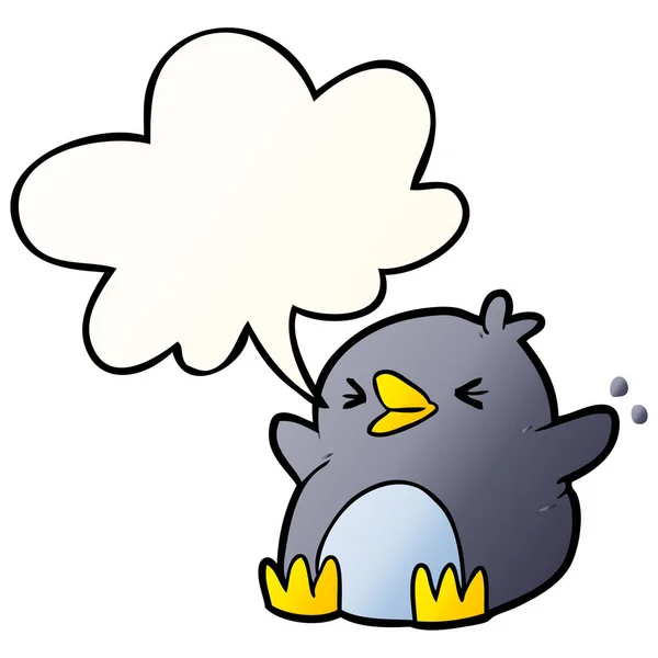 Pingüino de dibujos animados y burbuja del habla en estilo gradiente suave — Vector de stock