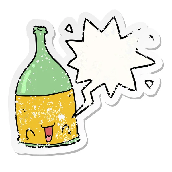 Garrafa de vinho dos desenhos animados e bolha de fala adesivo angustiado —  Vetores de Stock